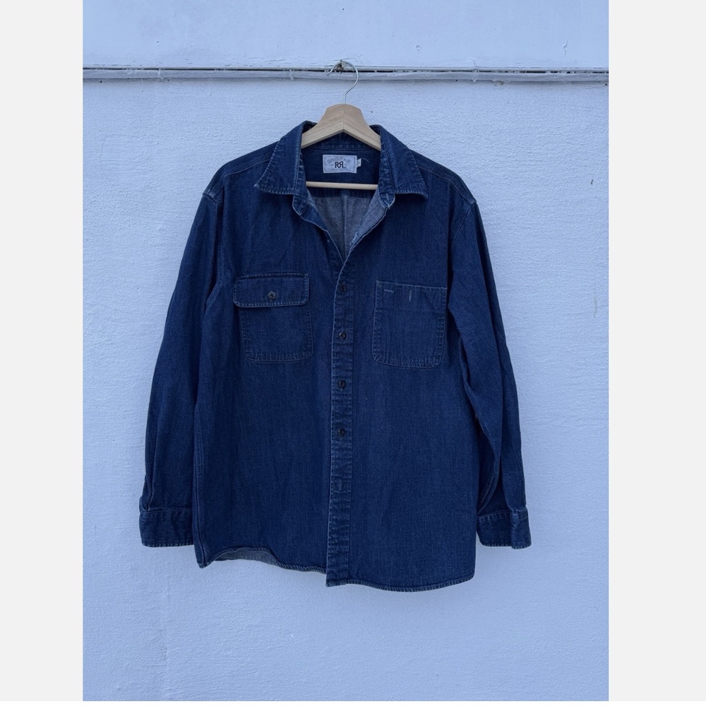 RRL Double RL Ralph Lauren Denim Work Shirt L Blue Selvedge Style Distressed